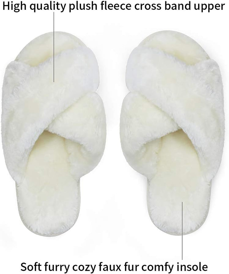 Women's 801 Cross Band Slippers - Soft Plush Furry Open Toe Slide-On House Shoes for Indoor and Outdoor Use