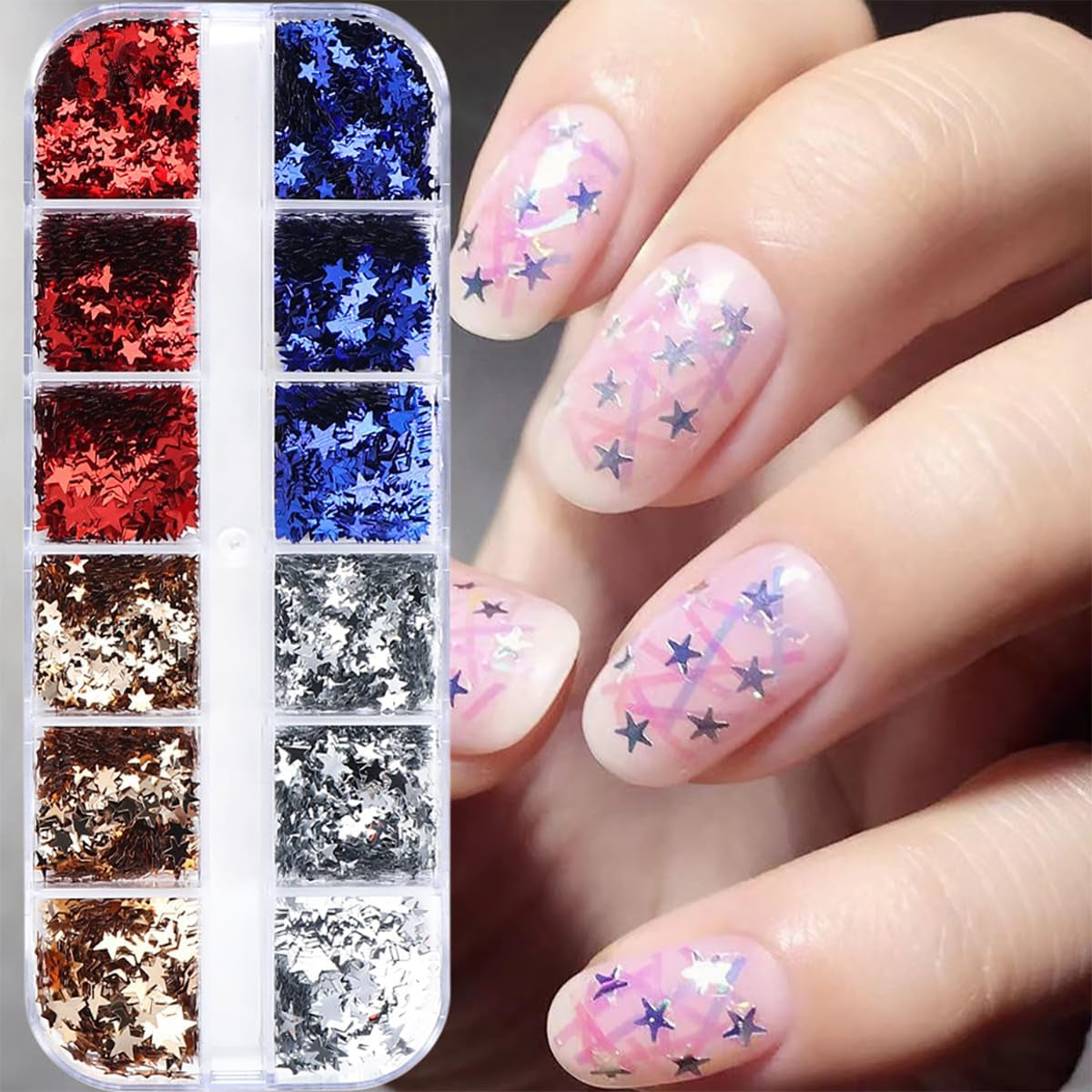 12-Grid 3D Holographic Star Glitter for Stunning Nail Art - Red & Blue Metallic Sequins for Independence Day Manicures