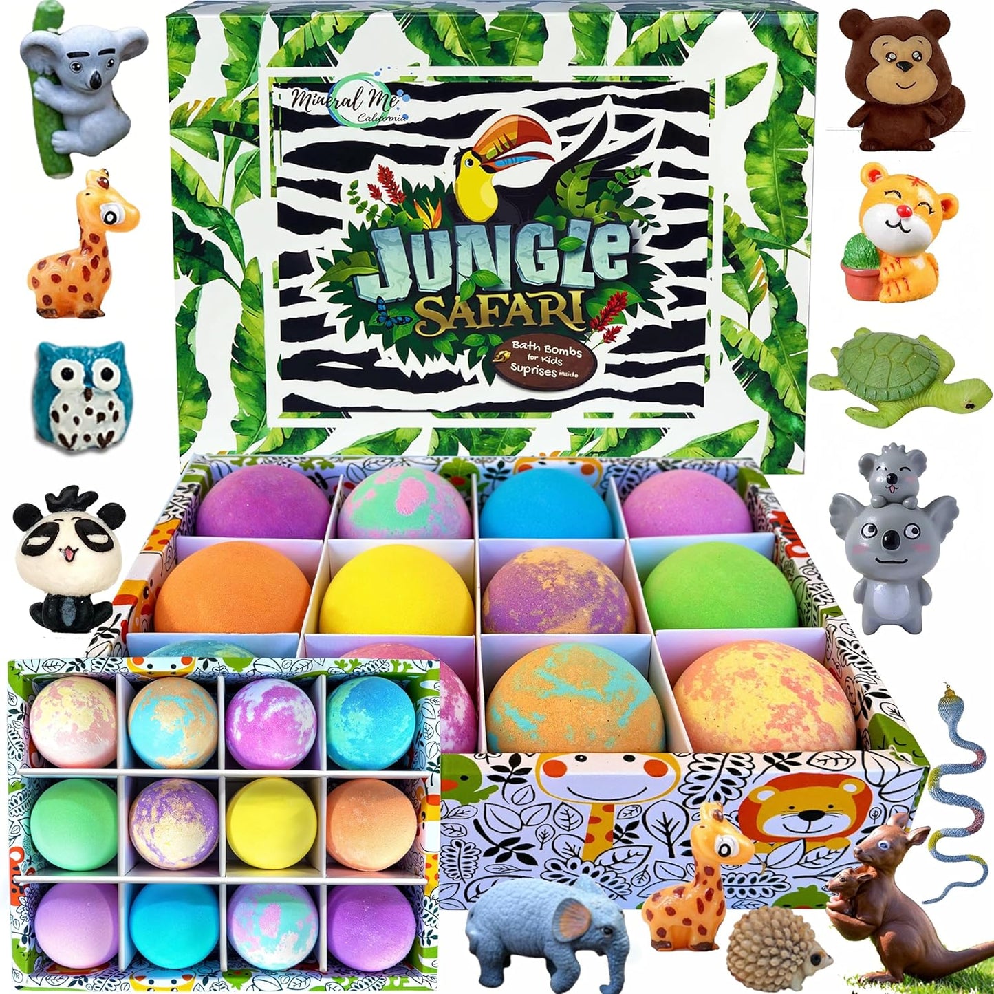 Organic Bath Bombs for Children with Hidden Surprises, Set of 12 Jungle Animal Toy Fizzies. Moisturizing and Gentle Formula, Safe for Kids, Rainbow Spa Experience, Ideal Birthday Gifts for Boys and Girls.