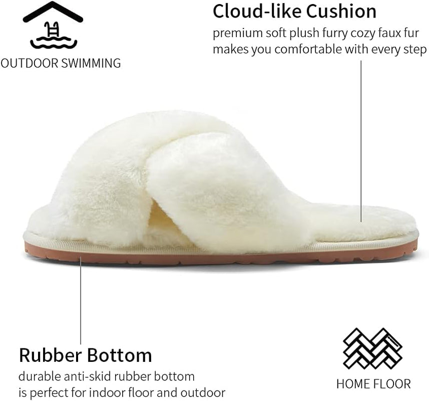 Women's 801 Cross Band Slippers - Soft Plush Furry Open Toe Slide-On House Shoes for Indoor and Outdoor Use