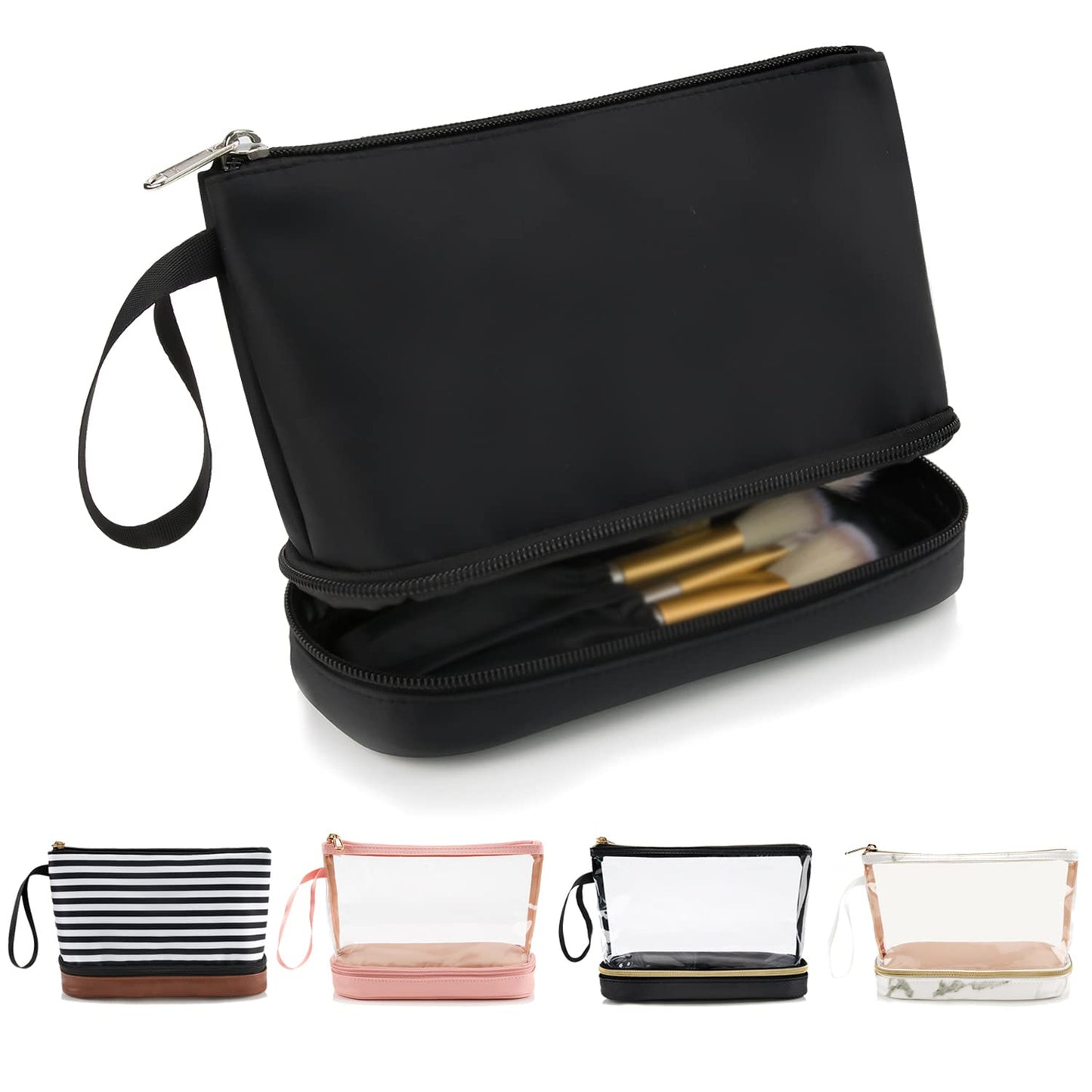 Elegant Double Layer Cosmetic Organizer for Women – Compact Travel Makeup Bag with Brush Holder