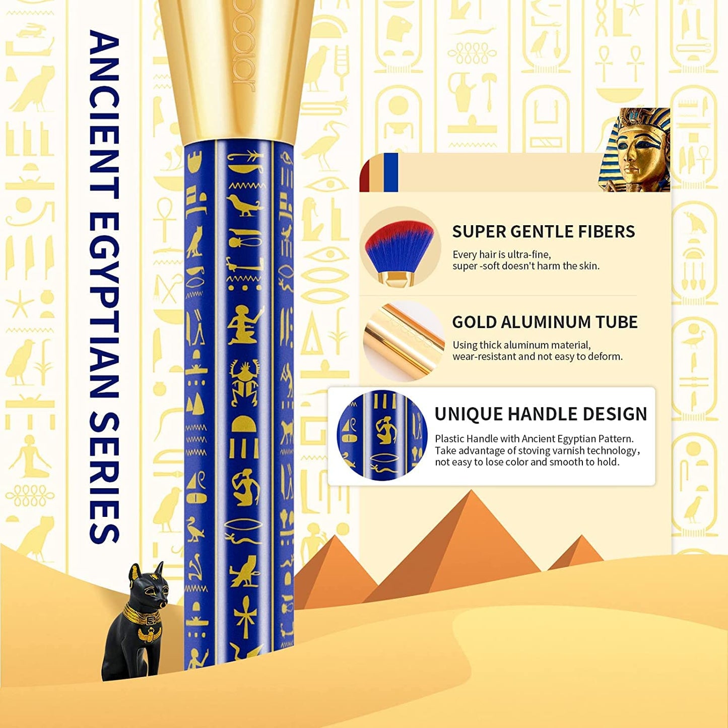 19-Piece Premium Makeup Brush Set - Synthetic Kabuki, Foundation, Contour, Blush, Concealer, Eye Shadow Blending, and Liner Brushes - Ancient Egyptian Series
