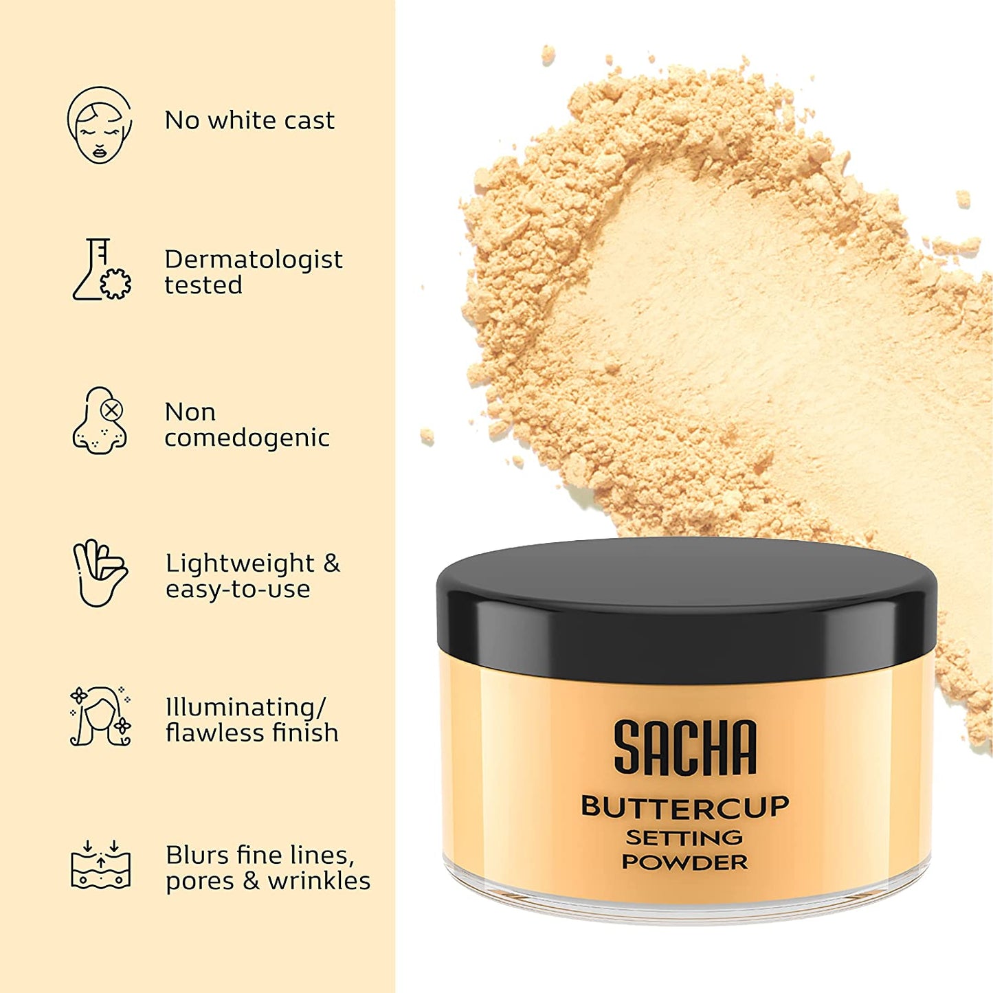 Sacha Buttercup Setting Powder – Translucent Loose Face Powder for Medium to Dark Skin Tones, 1.75 Oz – Minimizes Fine Lines and Pores, No Flashback