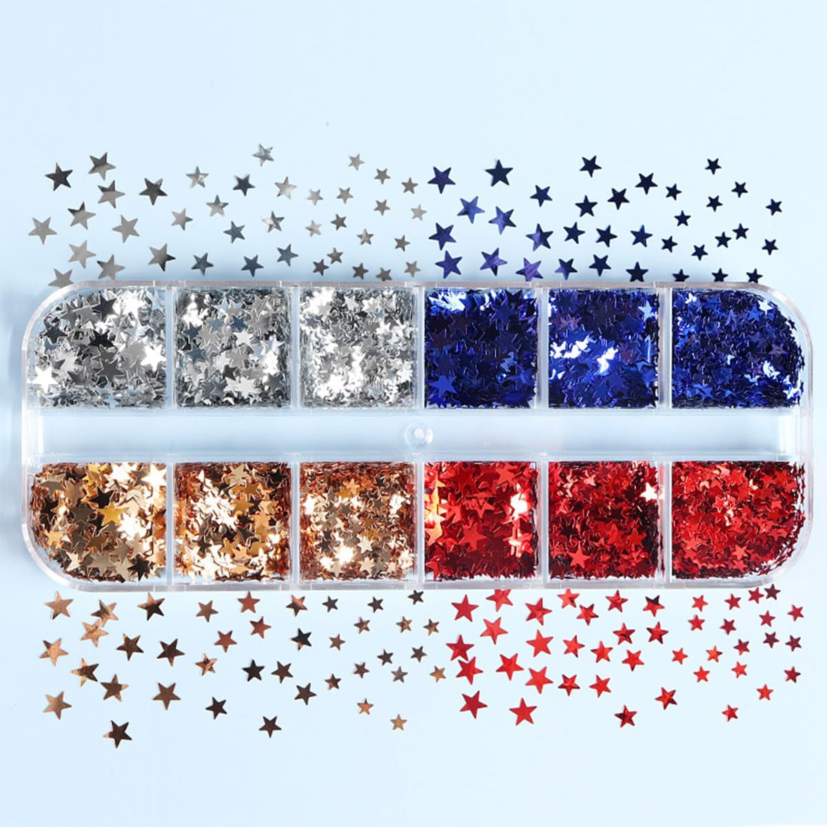 12-Grid 3D Holographic Star Glitter for Stunning Nail Art - Red & Blue Metallic Sequins for Independence Day Manicures