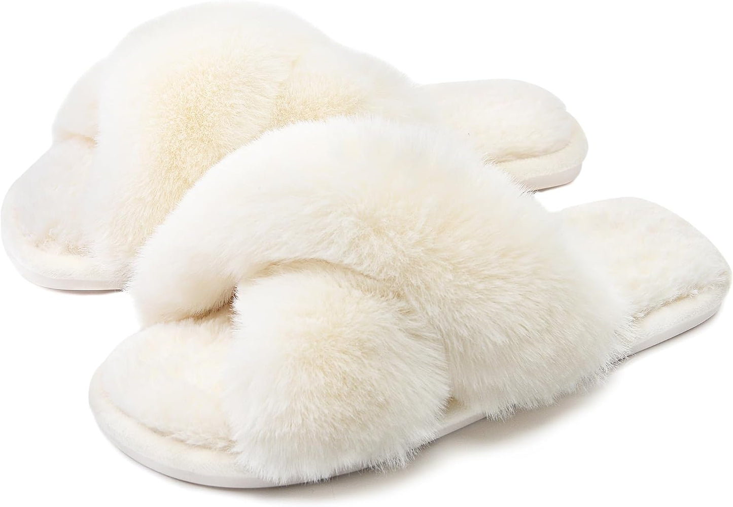 Women's Cozy Furry Cross Band Slippers - Fluffy Open Toe Indoor/Outdoor Shoes with Breathable Anti-Skid Sole