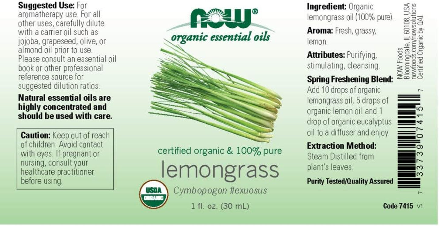 NOW Essential Oils Organic Lemongrass Oil, 100% Pure, Steam Distilled, Uplifting Aromatherapy Scent, Vegan, 1 Ounce, Child Resistant Cap