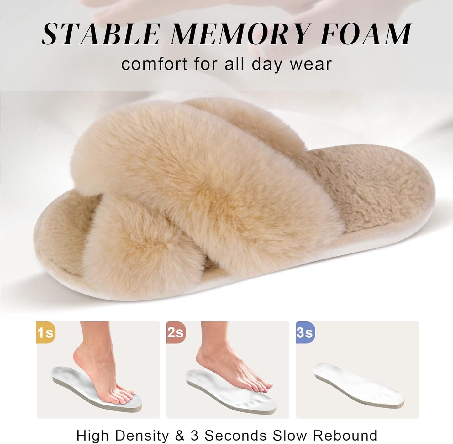 Women's Fuzzy Cross Band Slippers - Comfortable Memory Foam Open Toe House Shoes for Indoor Use and Gifts