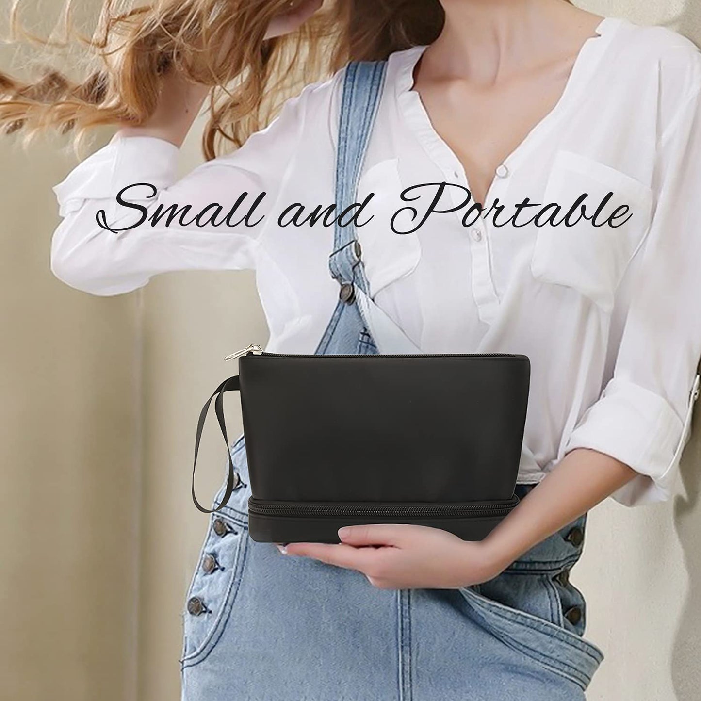 Elegant Double Layer Cosmetic Organizer for Women – Compact Travel Makeup Bag with Brush Holder