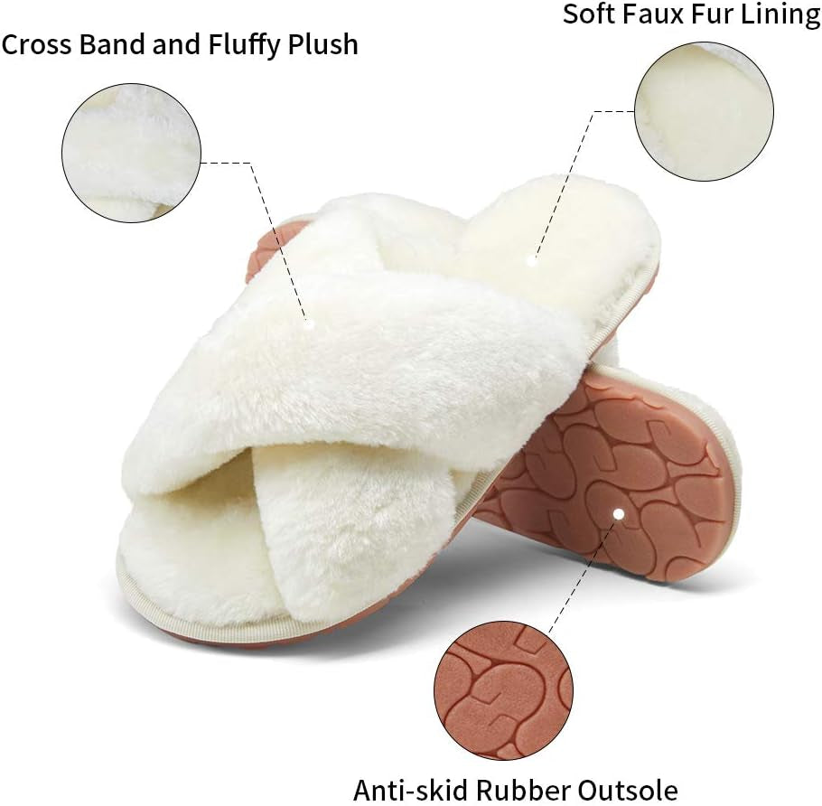 Women's 801 Cross Band Slippers - Soft Plush Furry Open Toe Slide-On House Shoes for Indoor and Outdoor Use