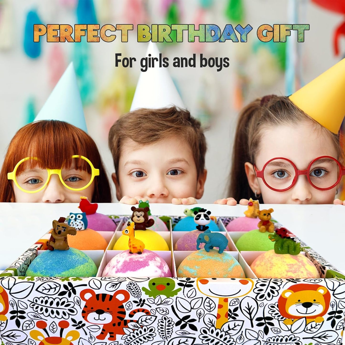 Organic Bath Bombs for Children with Hidden Surprises, Set of 12 Jungle Animal Toy Fizzies. Moisturizing and Gentle Formula, Safe for Kids, Rainbow Spa Experience, Ideal Birthday Gifts for Boys and Girls.