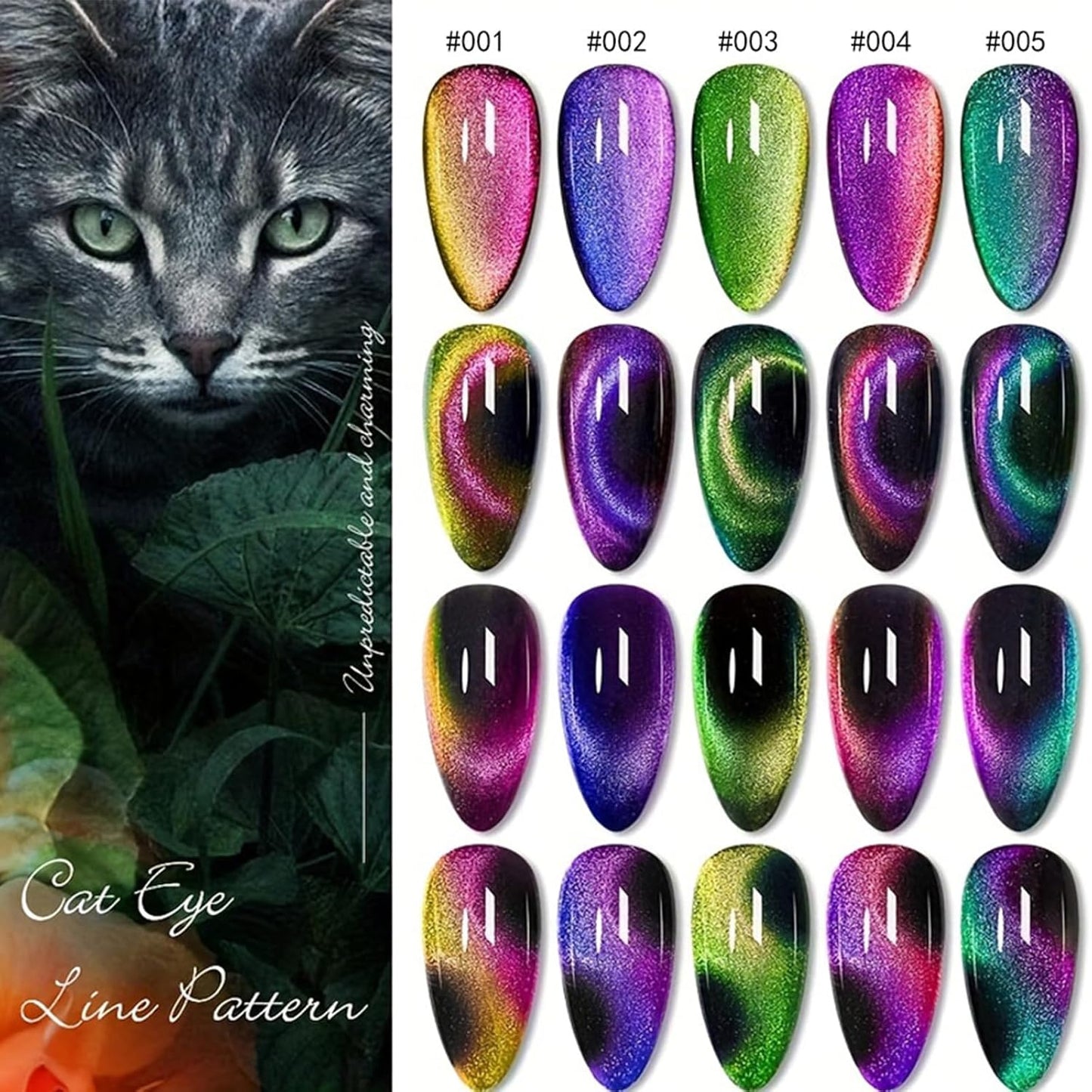 Vibrant Cat Eye Gel Nail Polish Set - 5Pcs Magnetic Rainbow Polish with Black, Soak Off UV, Perfect for Women & Girls - Pink, Green, Purple Shades