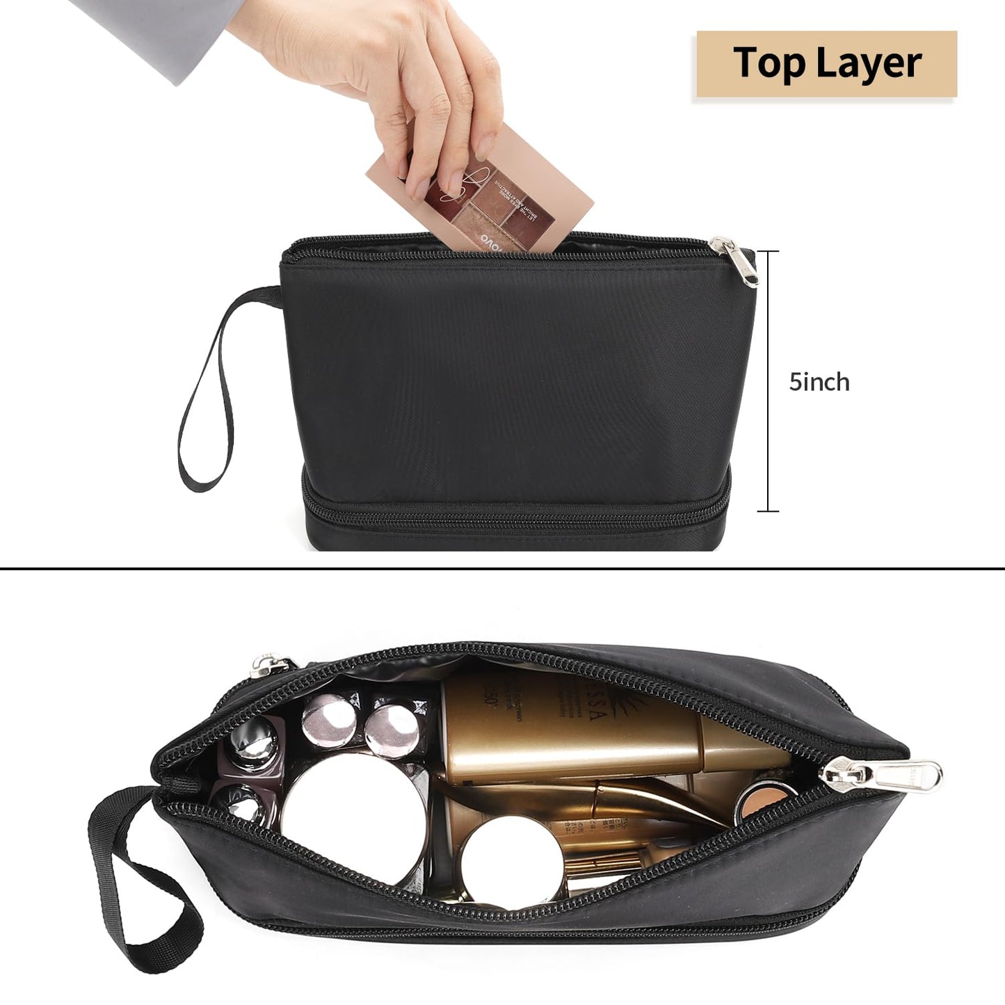 Elegant Double Layer Cosmetic Organizer for Women – Compact Travel Makeup Bag with Brush Holder