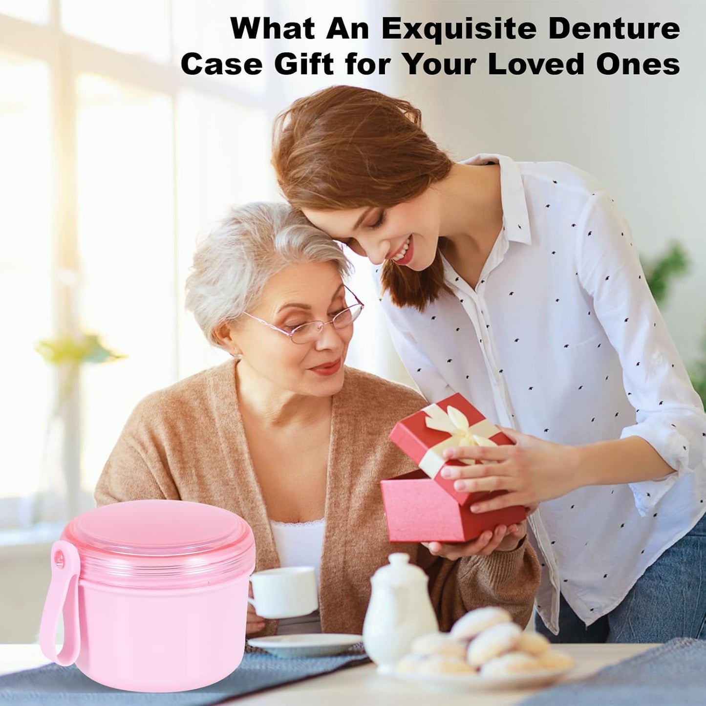 Denture Care Case - Leak-Proof Travel Bath Cup for Soaking Full and Partial Dentures and Retainers, Includes Cleaning Kit with Brush - Pink