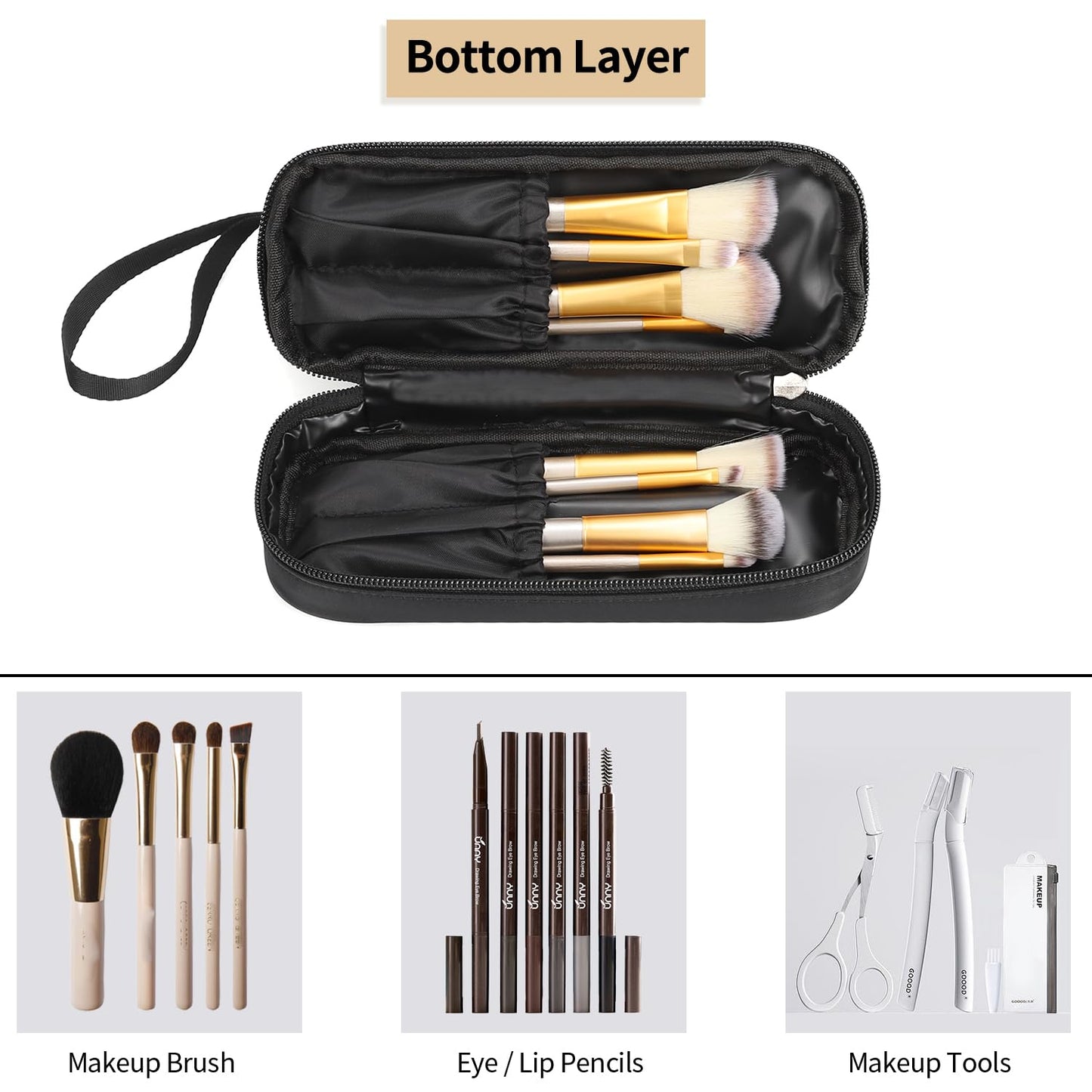 Elegant Double Layer Cosmetic Organizer for Women – Compact Travel Makeup Bag with Brush Holder