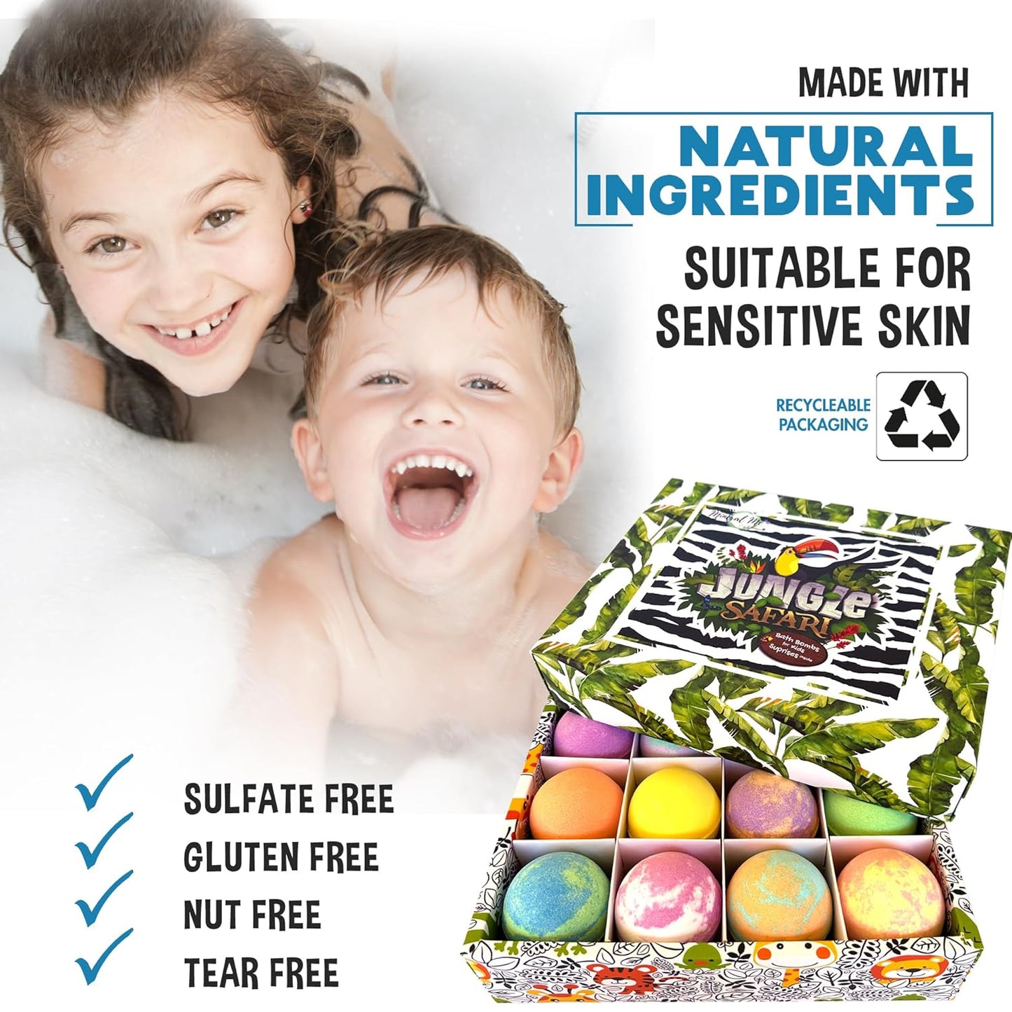 Organic Bath Bombs for Children with Hidden Surprises, Set of 12 Jungle Animal Toy Fizzies. Moisturizing and Gentle Formula, Safe for Kids, Rainbow Spa Experience, Ideal Birthday Gifts for Boys and Girls.