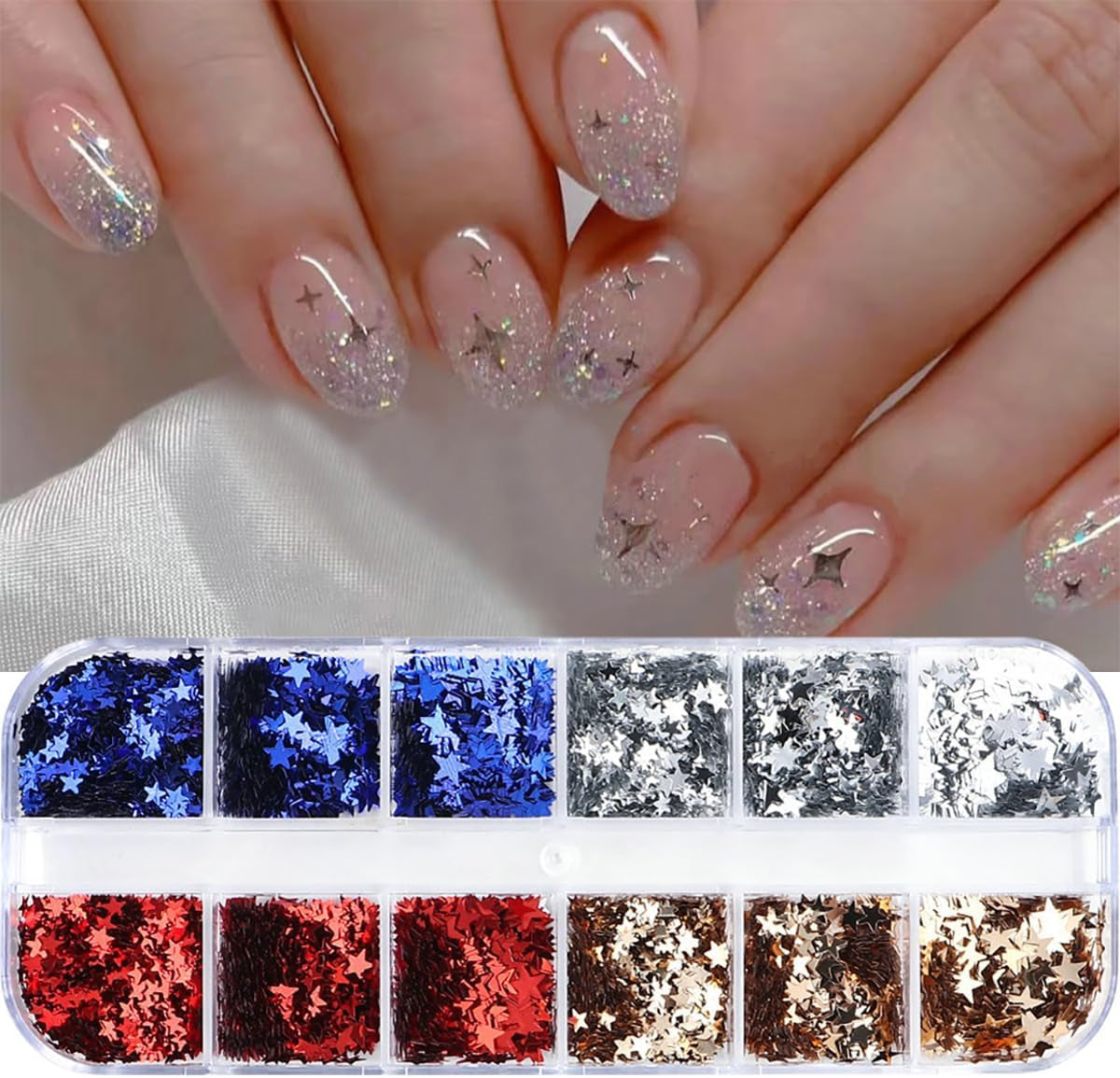 12-Grid 3D Holographic Star Glitter for Stunning Nail Art - Red & Blue Metallic Sequins for Independence Day Manicures