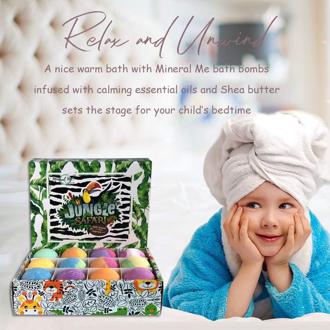 Organic Bath Bombs for Children with Hidden Surprises, Set of 12 Jungle Animal Toy Fizzies. Moisturizing and Gentle Formula, Safe for Kids, Rainbow Spa Experience, Ideal Birthday Gifts for Boys and Girls.