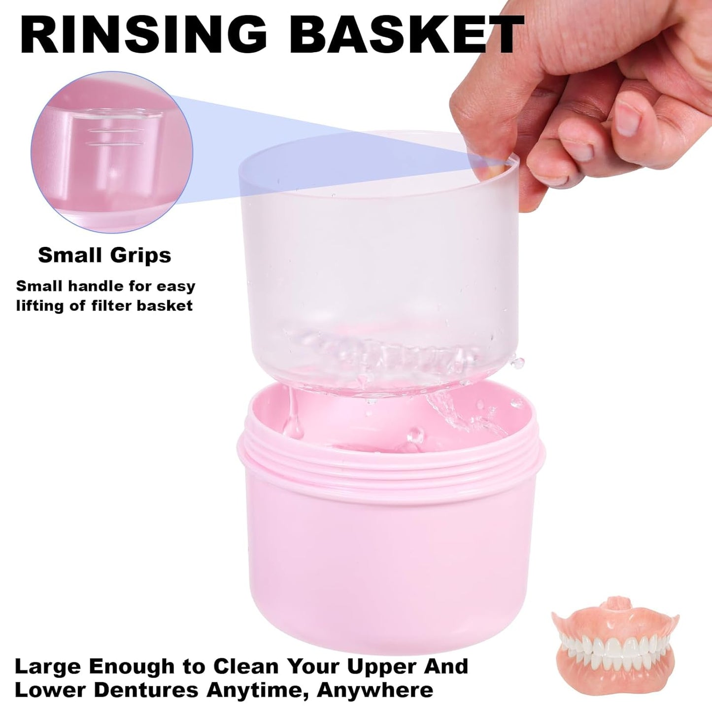 Denture Care Case - Leak-Proof Travel Bath Cup for Soaking Full and Partial Dentures and Retainers, Includes Cleaning Kit with Brush - Pink