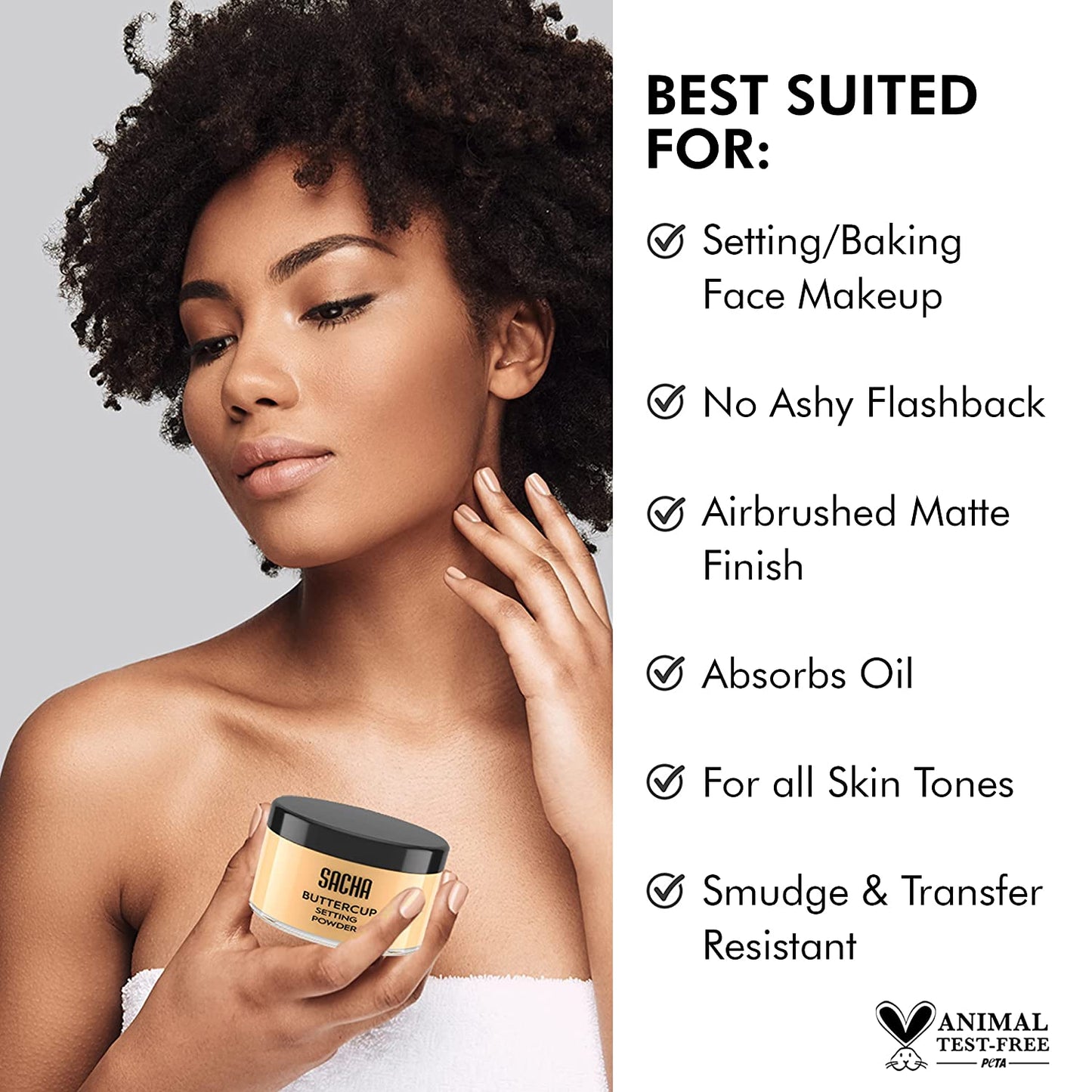 Sacha Buttercup Setting Powder – Translucent Loose Face Powder for Medium to Dark Skin Tones, 1.75 Oz – Minimizes Fine Lines and Pores, No Flashback