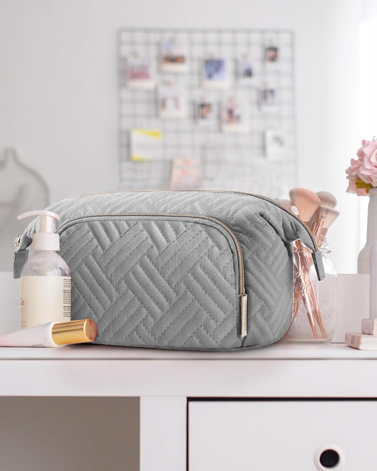 Travel Makeup Organizer Bag - Large Wide-Open Pouch for Cosmetics, Toiletries, and Brushes for Women