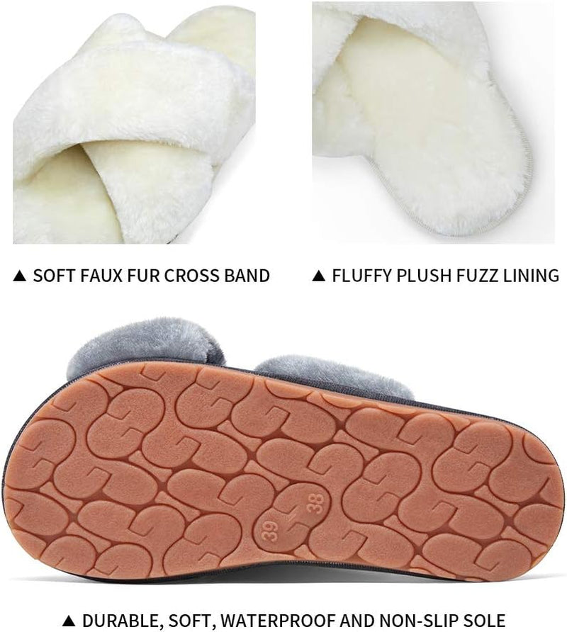 Women's 801 Cross Band Slippers - Soft Plush Furry Open Toe Slide-On House Shoes for Indoor and Outdoor Use