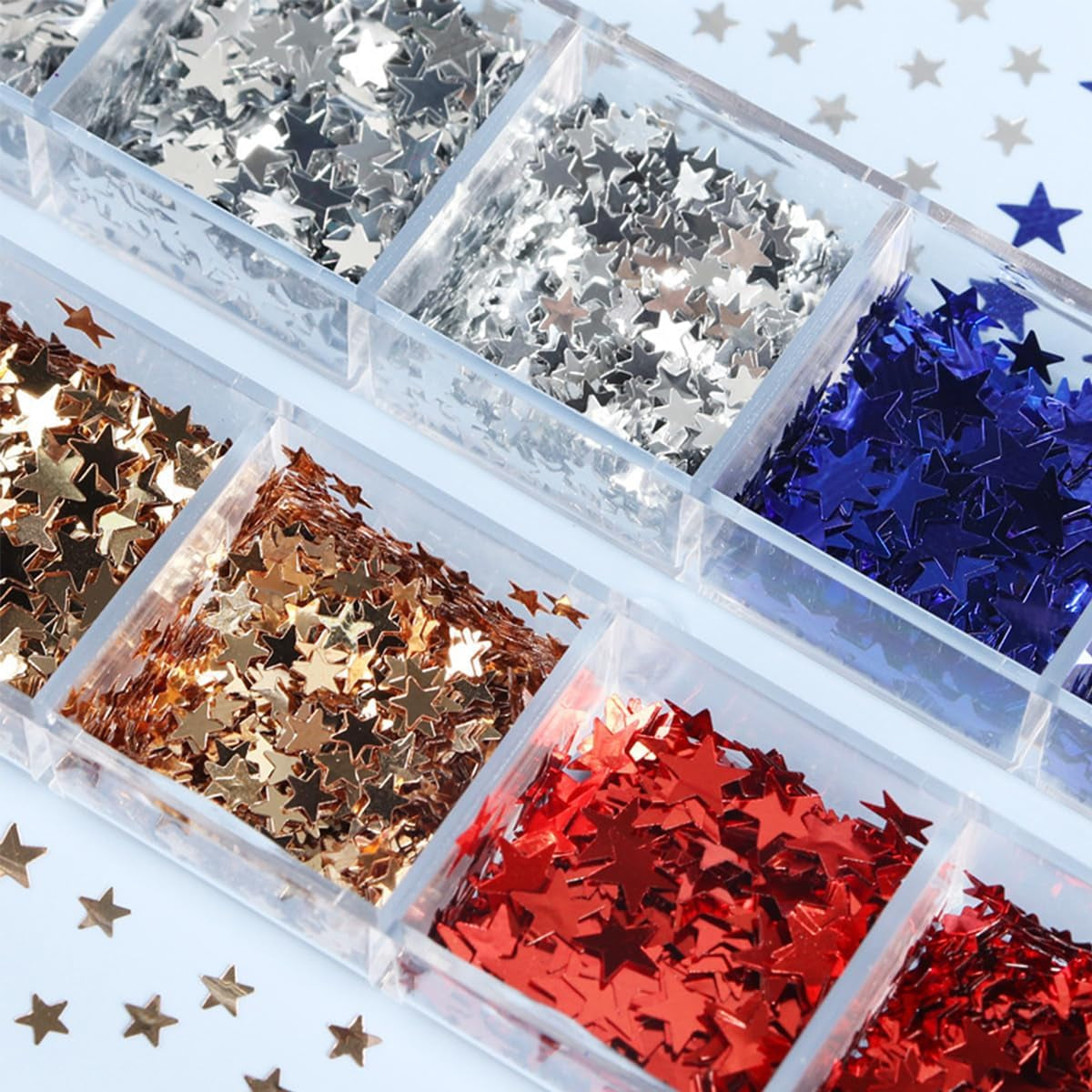 12-Grid 3D Holographic Star Glitter for Stunning Nail Art - Red & Blue Metallic Sequins for Independence Day Manicures