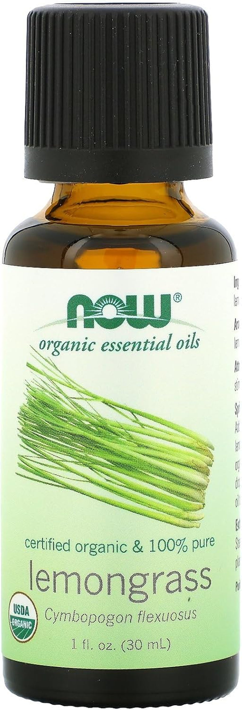 NOW Essential Oils Organic Lemongrass Oil, 100% Pure, Steam Distilled, Uplifting Aromatherapy Scent, Vegan, 1 Ounce, Child Resistant Cap