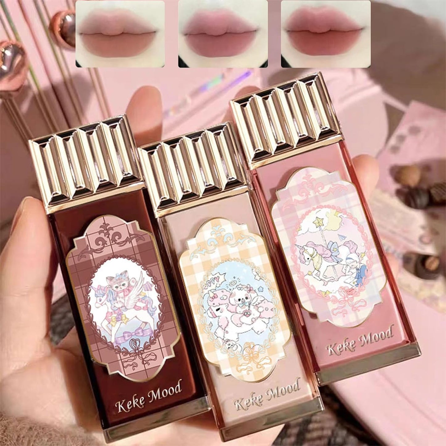 3Pcs Silky Velvet Matte Nude Lip Gloss Set - Long Lasting Waterproof Lip Tint in Adorable Chocolate Packaging