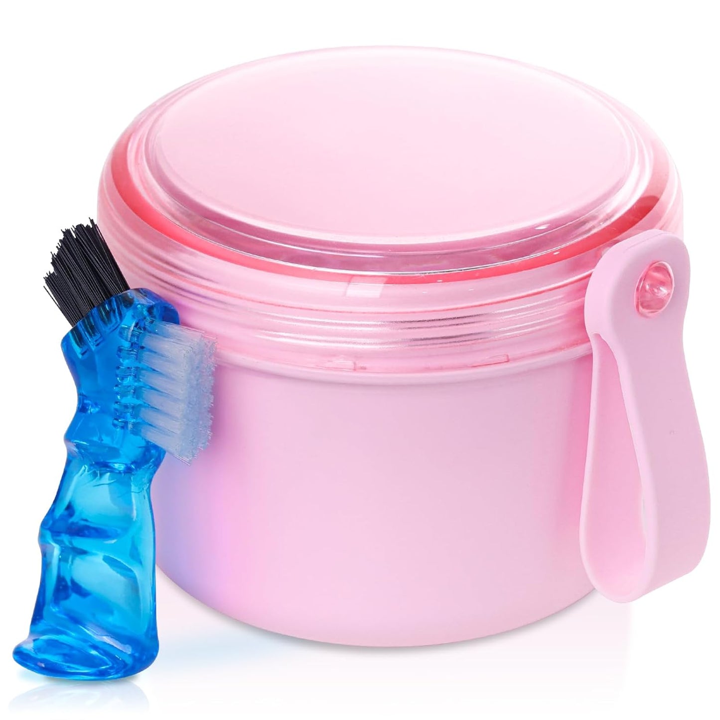Denture Care Case - Leak-Proof Travel Bath Cup for Soaking Full and Partial Dentures and Retainers, Includes Cleaning Kit with Brush - Pink