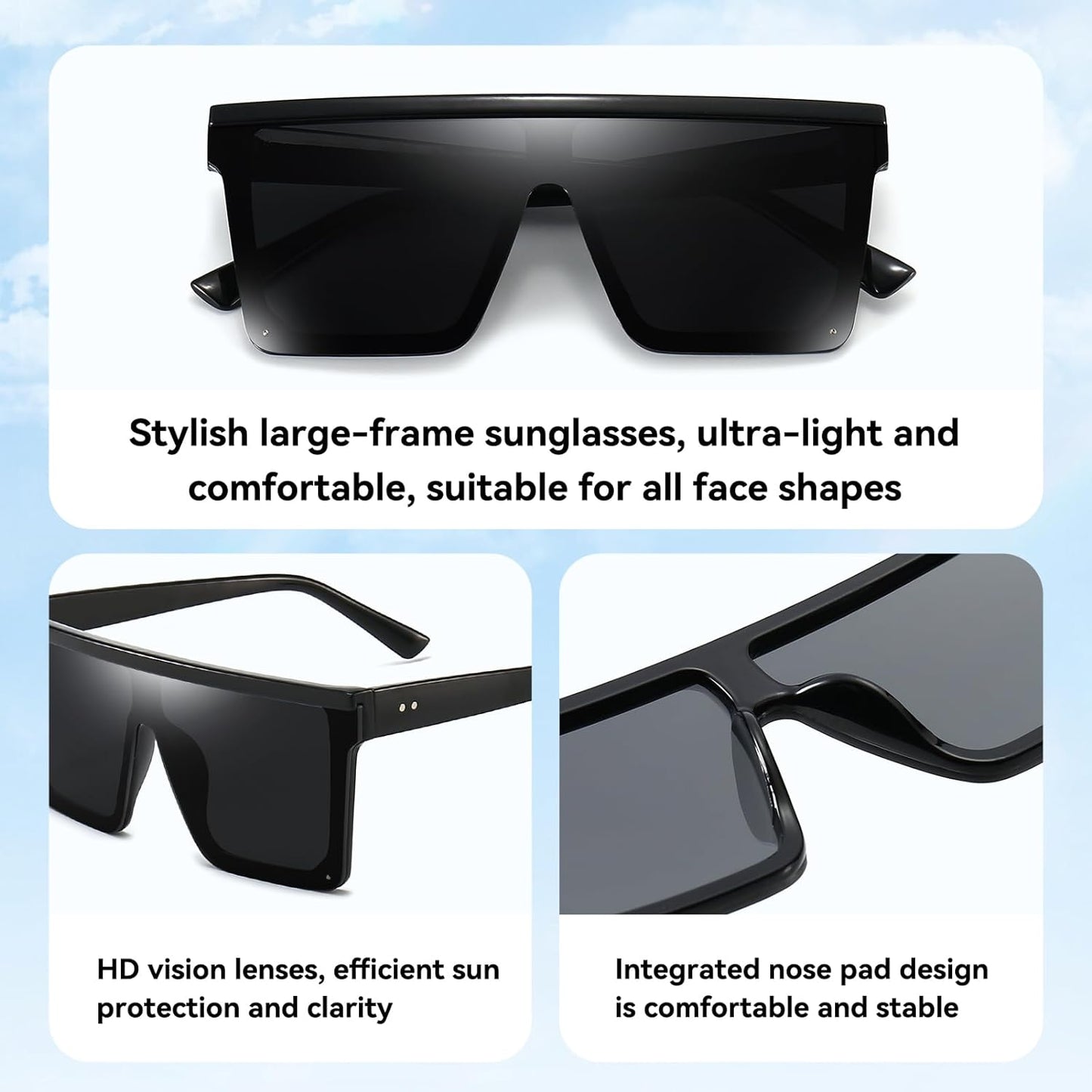 Oversized Square Fashion Sunglasses for Men and Women with Flat Top Design and Black Frame