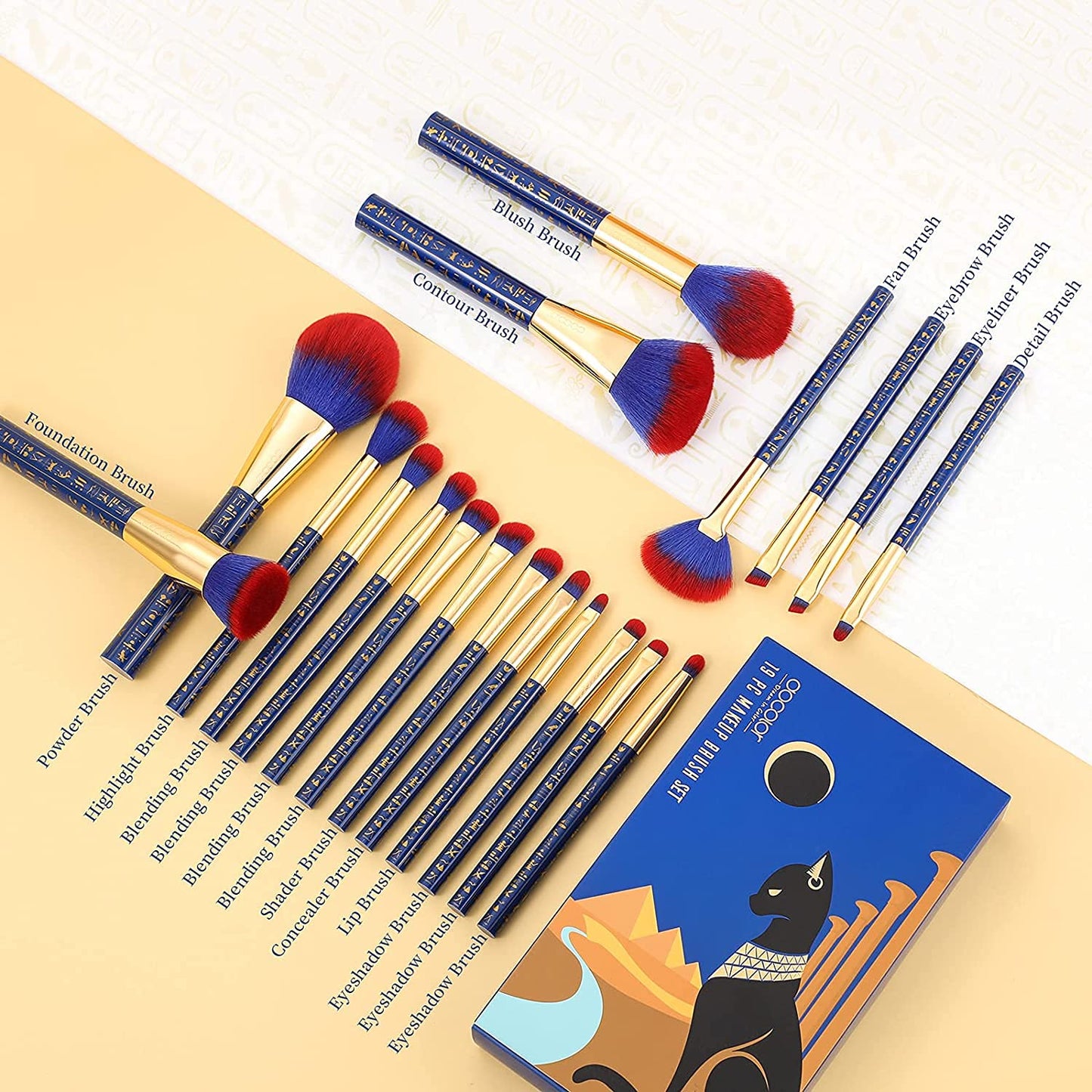19-Piece Premium Makeup Brush Set - Synthetic Kabuki, Foundation, Contour, Blush, Concealer, Eye Shadow Blending, and Liner Brushes - Ancient Egyptian Series
