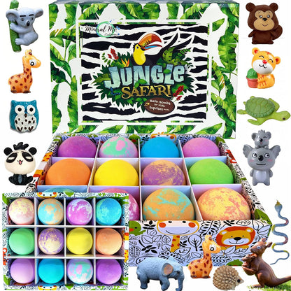 Organic Bath Bombs for Children with Hidden Surprises, Set of 12 Jungle Animal Toy Fizzies. Moisturizing and Gentle Formula, Safe for Kids, Rainbow Spa Experience, Ideal Birthday Gifts for Boys and Girls.