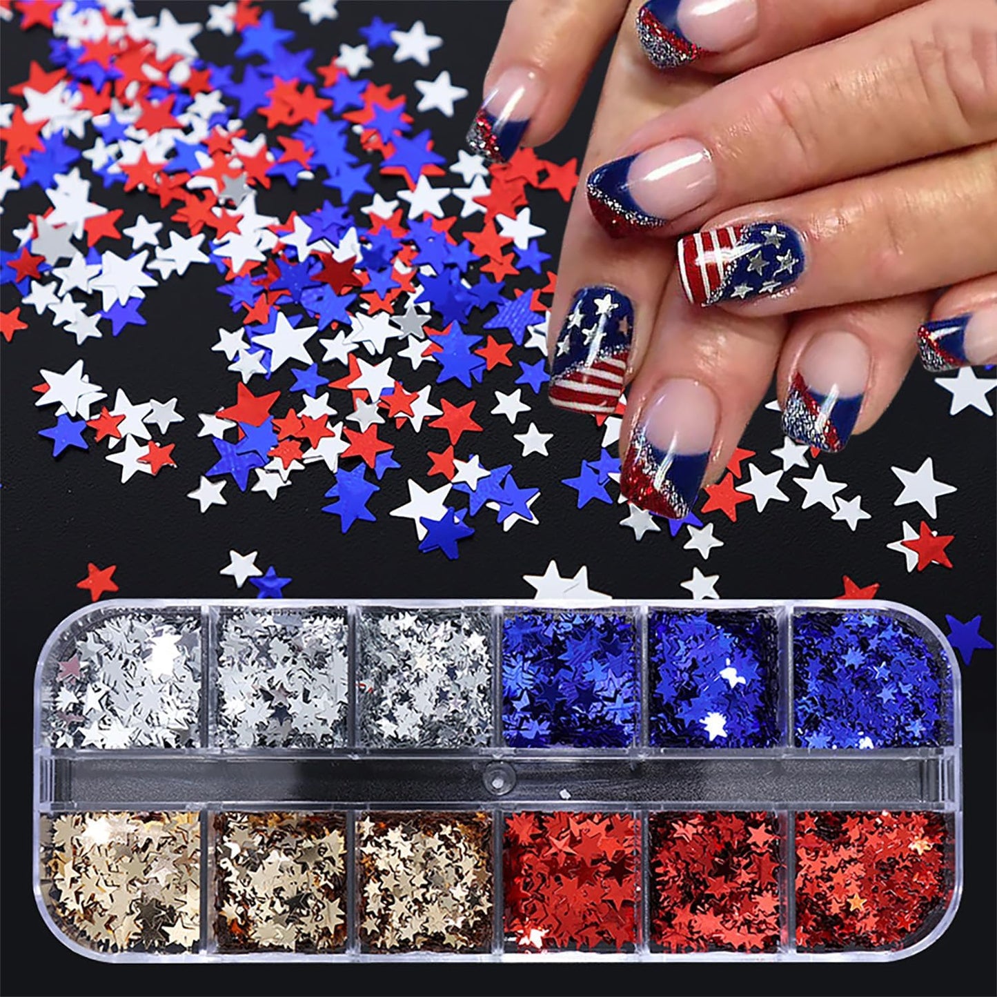 12-Grid 3D Holographic Star Glitter for Stunning Nail Art - Red & Blue Metallic Sequins for Independence Day Manicures