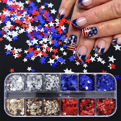 12-Grid 3D Holographic Star Glitter for Stunning Nail Art - Red & Blue Metallic Sequins for Independence Day Manicures