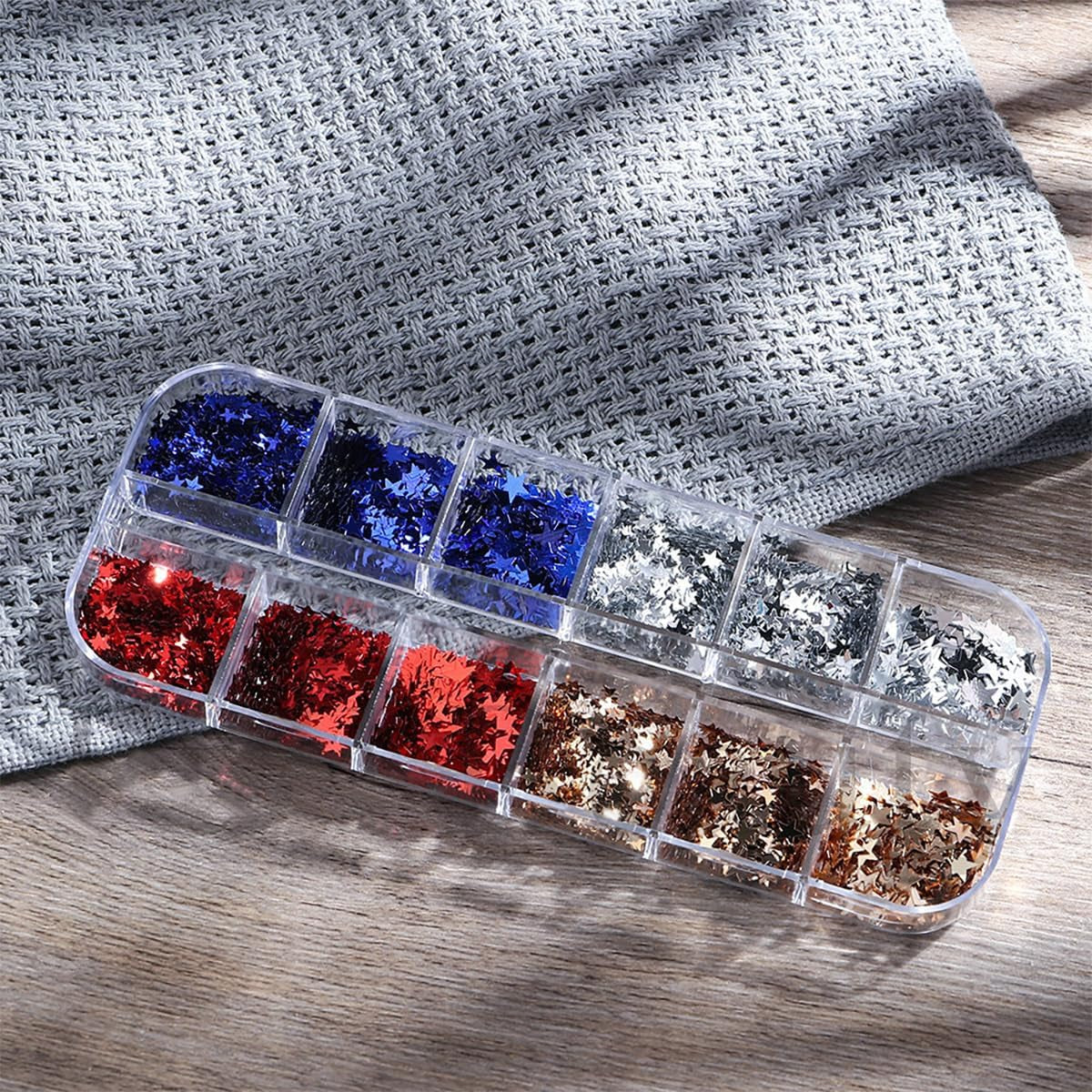 12-Grid 3D Holographic Star Glitter for Stunning Nail Art - Red & Blue Metallic Sequins for Independence Day Manicures