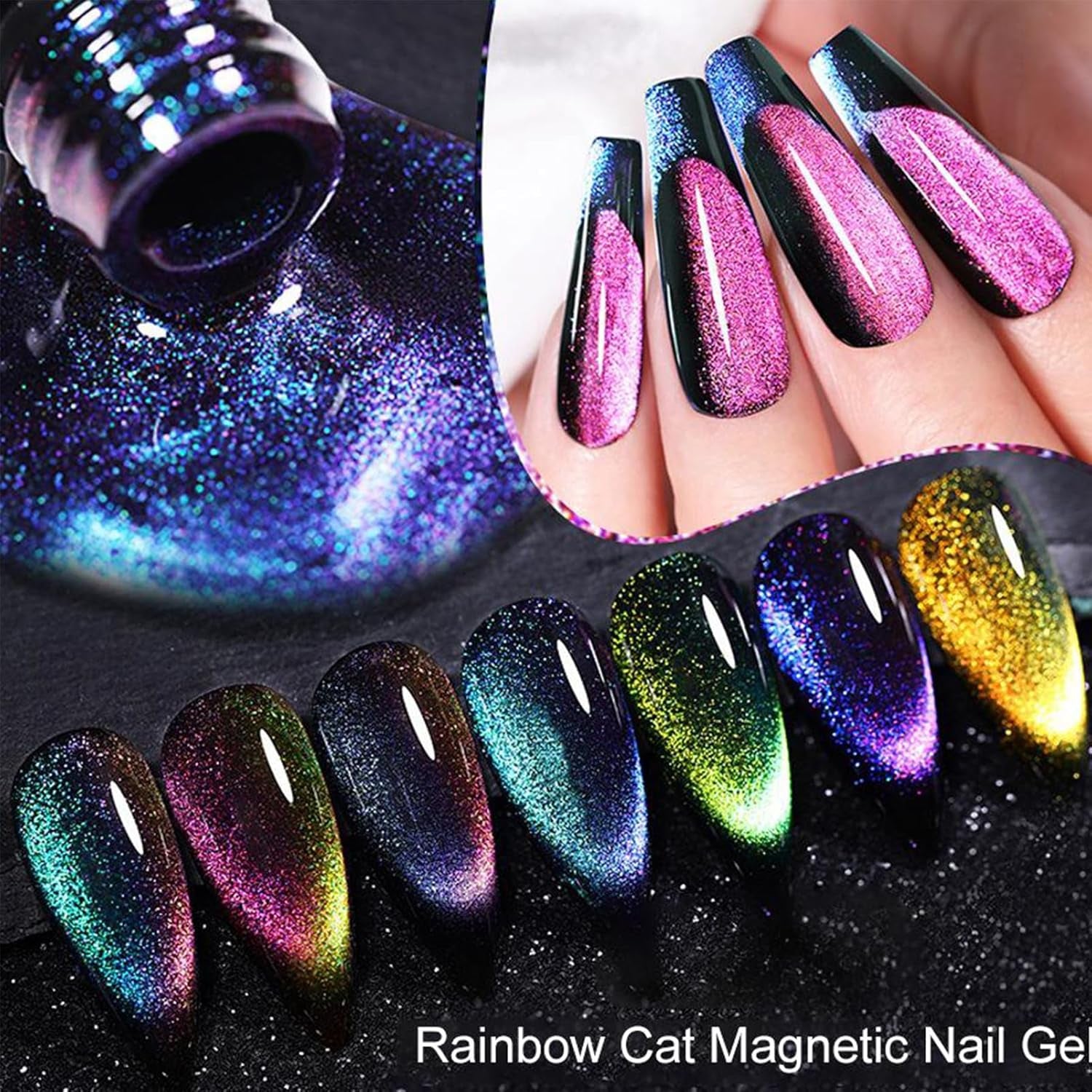 Vibrant Cat Eye Gel Nail Polish Set - 5Pcs Magnetic Rainbow Polish with Black, Soak Off UV, Perfect for Women & Girls - Pink, Green, Purple Shades