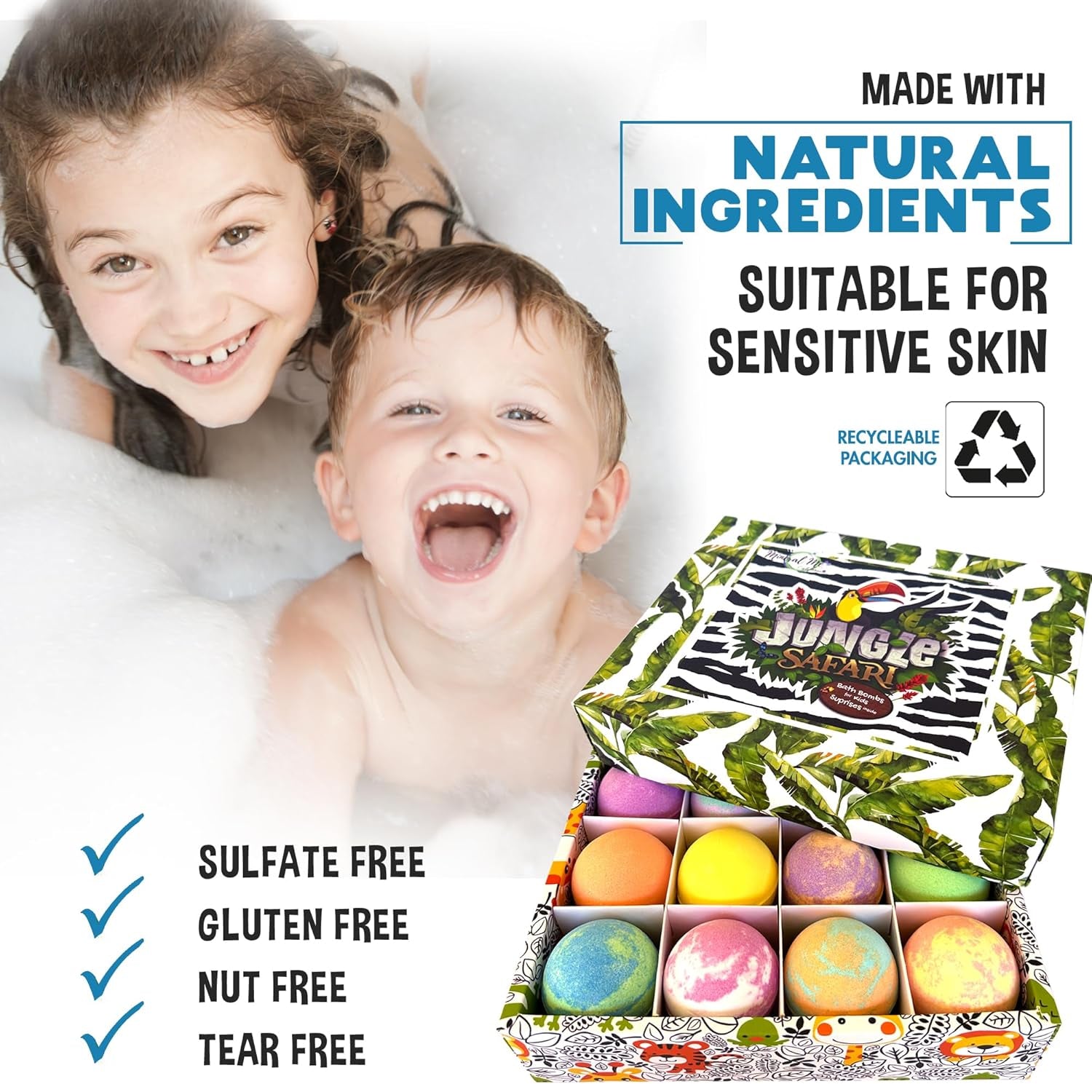 Organic Bath Bombs for Children with Hidden Surprises, Set of 12 Jungle Animal Toy Fizzies. Moisturizing and Gentle Formula, Safe for Kids, Rainbow Spa Experience, Ideal Birthday Gifts for Boys and Girls.