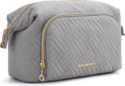 Travel Makeup Organizer Bag - Large Wide-Open Pouch for Cosmetics, Toiletries, and Brushes for Women